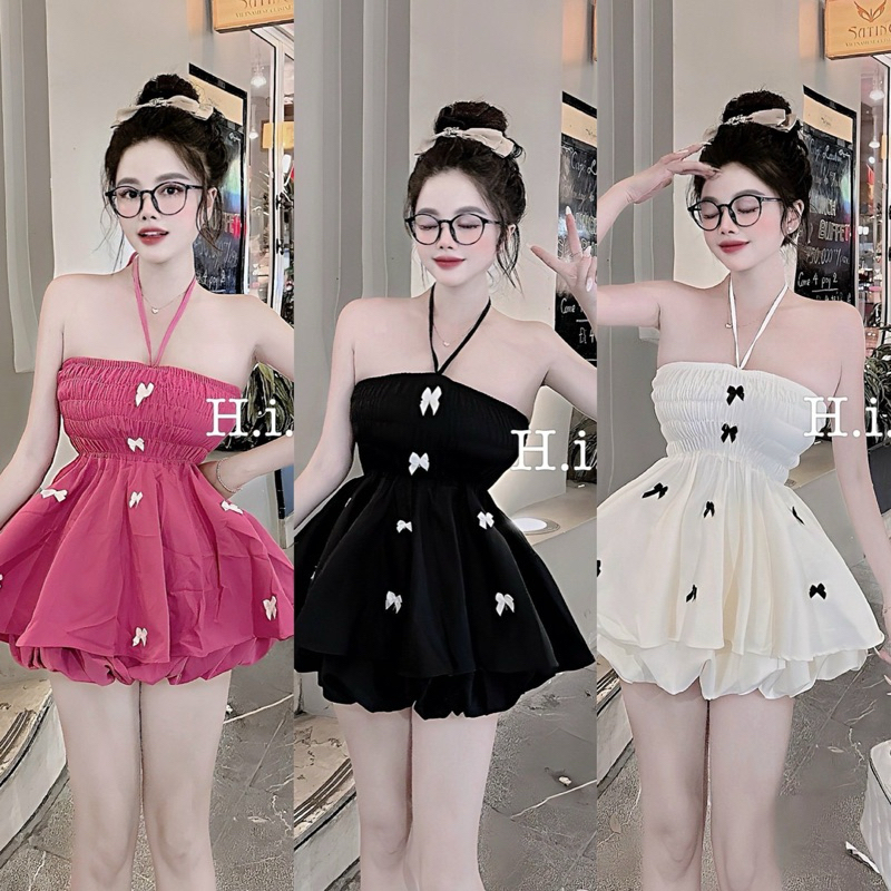 Set Đầm Yếm Đính Nơ Full Cây Bí Nhún Mocking Phồng 2 Lớp + Quần Bí Phồng 2 Lớp