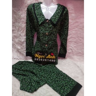 Bộ pijama dài cổ nhọn 2 lá vải lụa mango