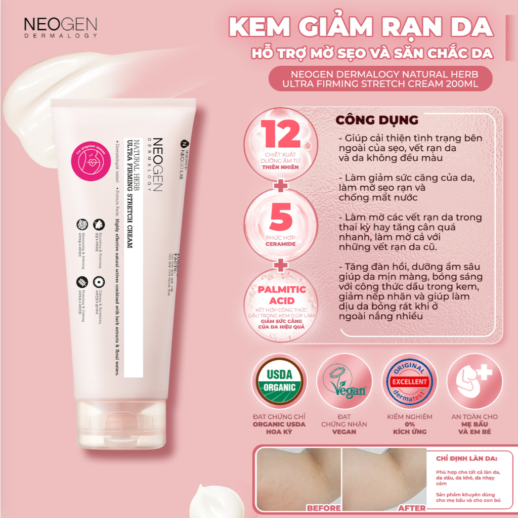 Kem Chống Rạn NeoGen Giảm Rạn Da Bụng Đùi Săn Chắc Da Làm Mờ Sẹo NeoGen NATURAL HERB ULTRA FIRMING STRETCH CREAM 200ml