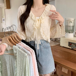 Áo Cardigan móc ren - Áo len Cardigan hoa xù viền rỗng, thường xuyên  thấu tay dài cổ chữ V chống nắng Áo Cardigan