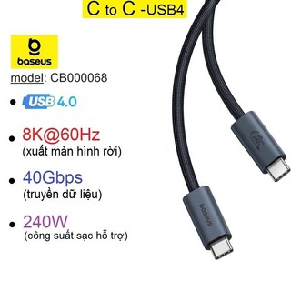 Dây type c to type c usb 4.0 baseus truyền dữ liệu 40gbps/ xuất hình độ phân giải 8k@60hz/ sạc pd 3.1 240w