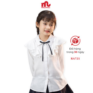 Áo sơ mi dài tay bé gái RIOMIO size 21-40kg cổ bèo, phối nơ xinh xắn, vải đũi 3M siêu mềm mát RA721