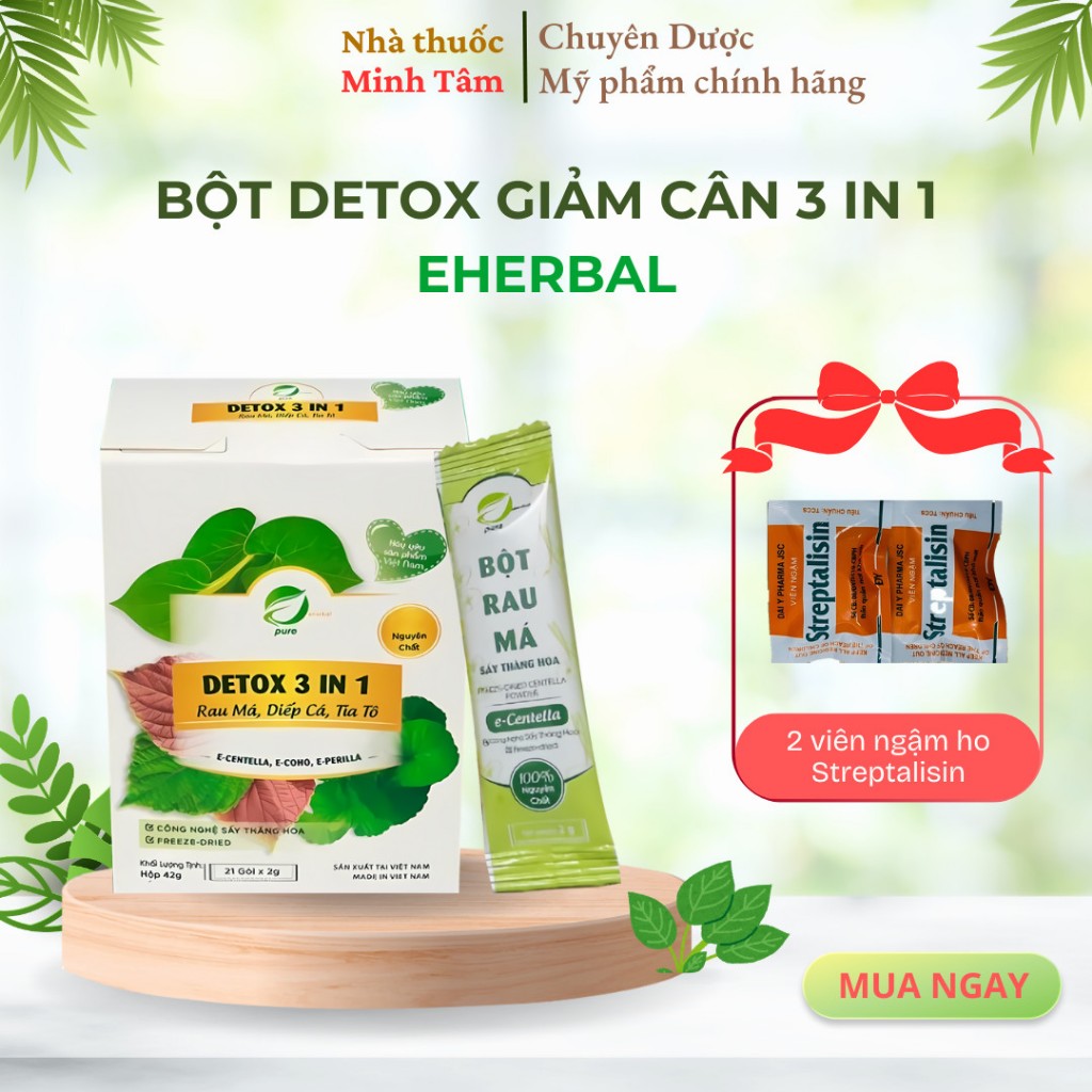 Combo 2 hộp DETOX 3 IN 1 Rau má ,Diếp cá ,Tía tô Eherbal (42 gói) hỗ trợ giảm cân cấp tốc, tăng sức đề kháng, đẹp da