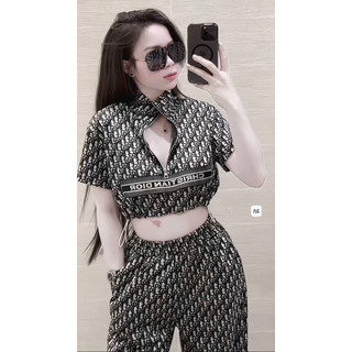 Set áo crotop rút eo cổ khoá ngực xinh mix quần suông dài năng động