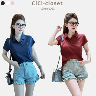 Áo polo nữ cộc tay chất thun giấy in logo ngực form suông,áo thun giấy cổ bẻ màu trơn basic