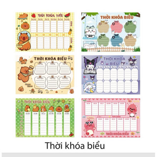 1 Tờ Thời khoá biểu khổ giấy A5 hình capy para, kuromi, gấu dâu, mèo dễ thương cho bé