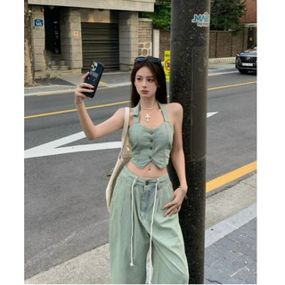 Set áo jean gile cổ yếm croptop gài nút + quần jean suông dài ống rộng was