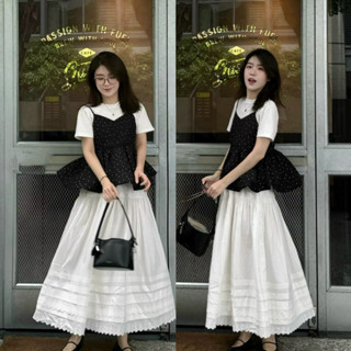 set 3 chi tiết:áo 2 dây dáng xoè phối áo phông mix chân váy thô ren dáng dài