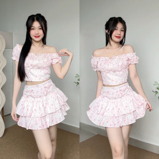 Set Áo Trễ Vai Nhún Tay Bồng Đính Nơ Hoạ Tiết Hoa Hồng Mix Chân Váy Xoè Tầng Cạp Trễ Hot Trend Đi Biển