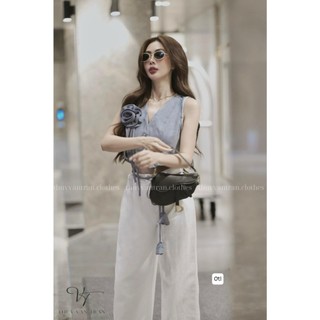 Set bộ đồ áo ghile hoa ngực kèm quần kaki suông dài, Set đồ nữ áo sát nách cúc ngực phối quần form rộng sang chảnh
