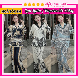 Bộ đồ ngủ bigsize 55-75kg, đồ bộ nữ pijama dài tay dài lụa mịn latin mát lạnh bigsize, đồ ngủ lụa mặc nhà sang chảnh