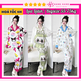 Bộ đồ ngủ bigsize 55-75kg, đồ bộ nữ pijama dài tay dài lụa latin mịn mát bigsize, đồ ngủ lụa mặc nhà labubu cute cao cấp