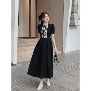 ĐẦM VÁY MIDI ĐEN cotton45-65KG bigsize PHỐI REN THỔ CẨM TRẮNG NƠ cổ tròn tay ngắn dự tiệc đi đám cưới HAZE