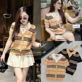 Áo len kẻ ngang bbr cổ v phối áo sơ mi gắn tag ysl, áo len nữ cộc tay bbr phối sơ mi size s m - halinh shop - áo len nữ