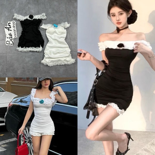 Đầm bệt vai viền bèo phối màu kèm bông