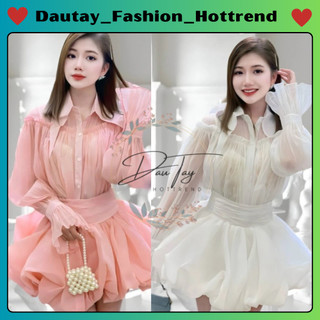 Set Váy Nữ - Áo Sơ Mi Cổ Nhọn Kèm Chân Váy Phồng Hình Bông Hoa, Chất Vải Voan Không Ngứa, Kèm Bảo Hộ, Hàng May 2 Lớp