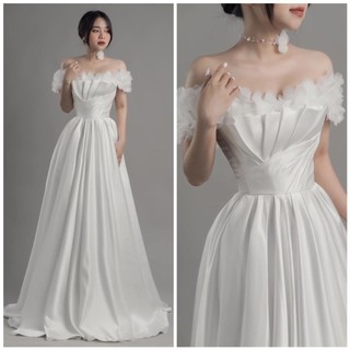 Đầm cưới đi bàn cô dâu GAOSOCHUOTFASHION trễ vai đính hoa nỗi full size s/m/l/xl nhận may theo số đo bigsize