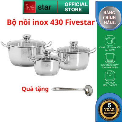 Bộ nồi 3 đáy inox 430 Thân Cool Fivestar Standard FS-B3010 (Kích thước 16cm - 20cm - 24cm) , tặng 1 vá canh