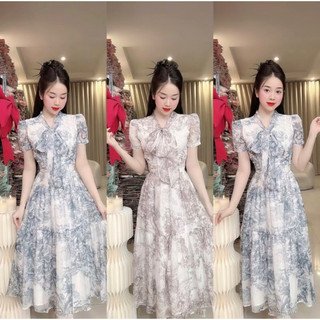 Đầm xoè dáng dài chất voan tơ hoạ tiết phối dây cột nơ xinh xắn