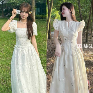 Đầm midi trắng cổ vuông tay phồng