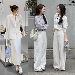 Set áo sơ mi tay dài + chân váy midi trắng (về thêm xanh, set somi + quần suông culottes Hè 2024)