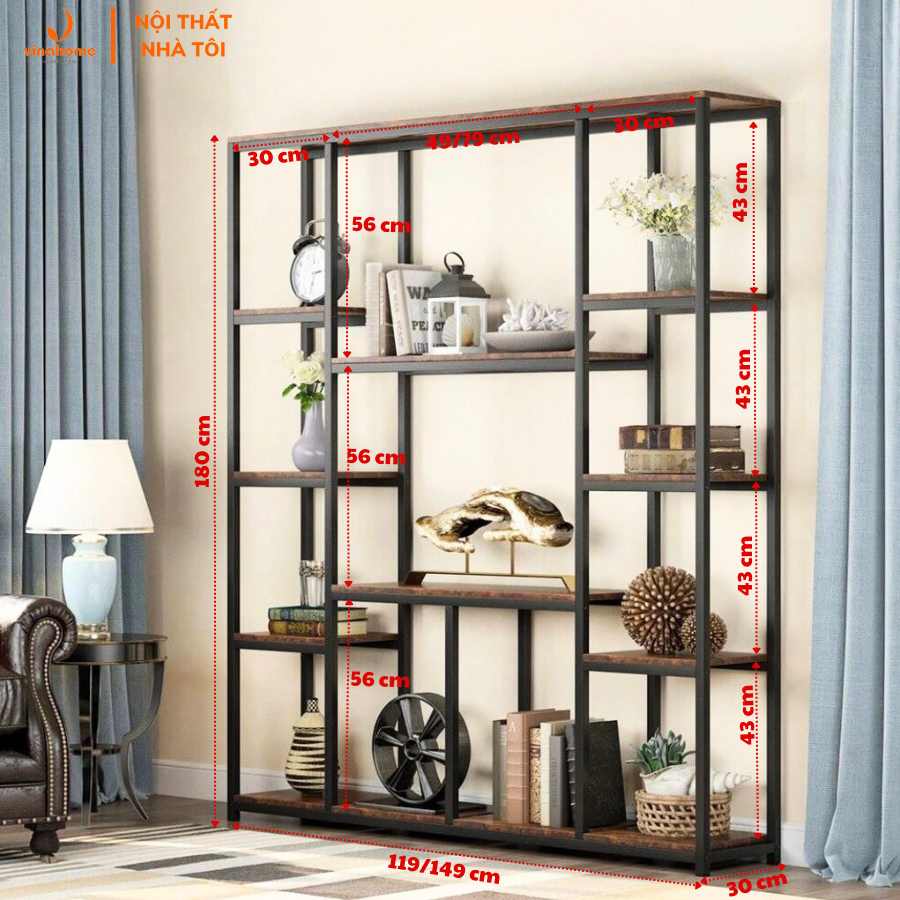 Kệ gỗ khung sắt trang trí, decor phòng khách, phòng ngủ, phòng làm việc, vách ngăn VNH-548