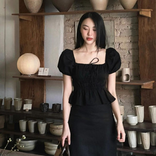 Áo babydoll linen kiểu xinh tay phồng tiểu thư công chúa bo thân nơ coquette ngực xinh xắn Kimee MA287