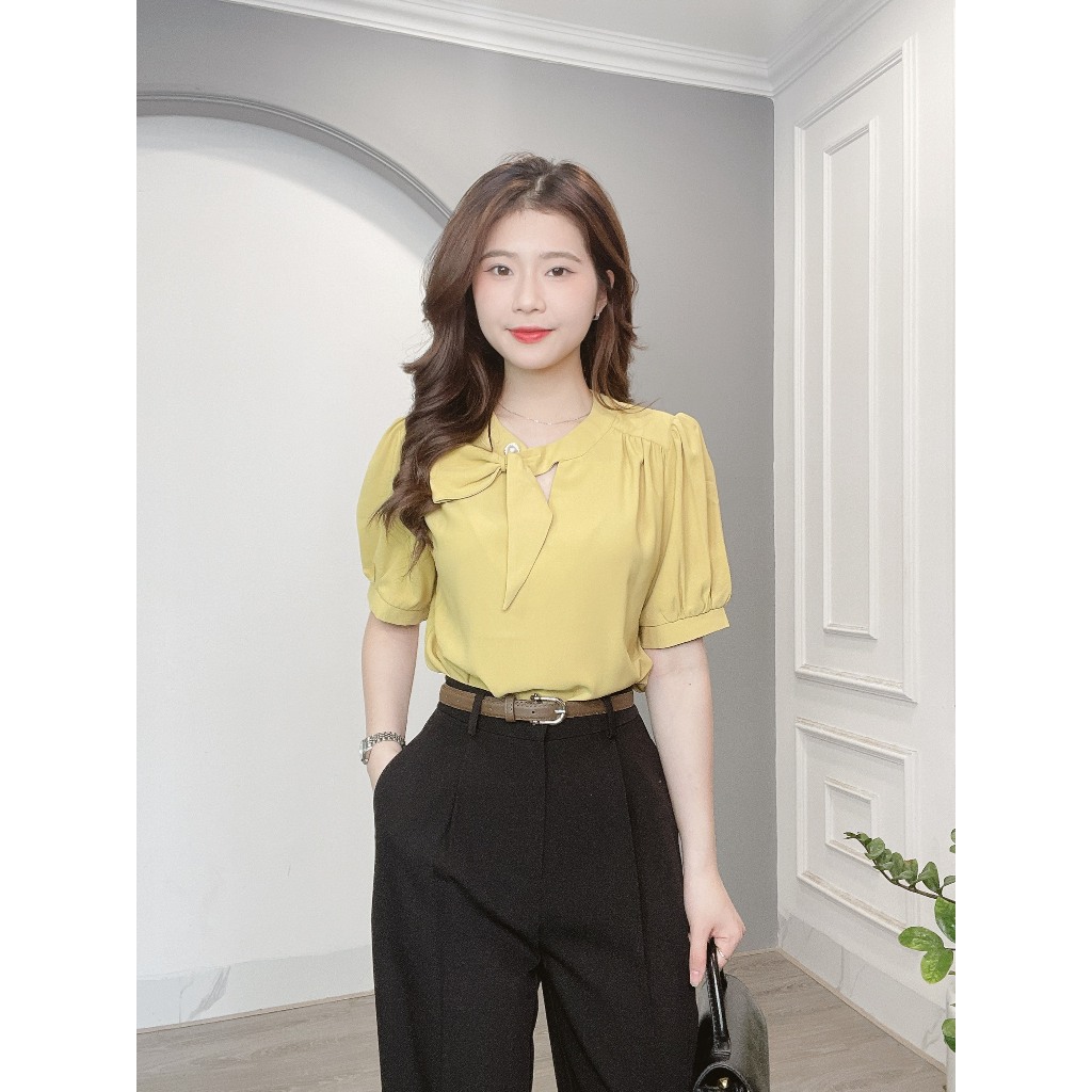 Áo Sơ Mi Lụa Min House Cổ Nơ Lệch Cúc Ngọc Cao Cấp