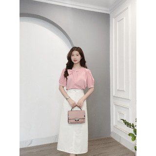 Áo Sơ Mi Lụa Min House Cổ Nơ Lệch Cúc Ngọc Cao Cấp