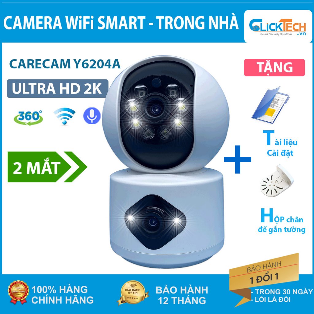 Camera 2 MẮT Ultra HD 2K CARECAM Y6204A - Kết nối mạng không dây - Lắp đặt trong nhà