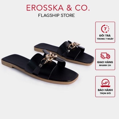 Dép nữ thời trang đế bằng Erosska phối dây mảnh phối khoá xích màu đen - DE042