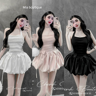 Váy body ren cổ yếm chân bồng phối nơ xinh