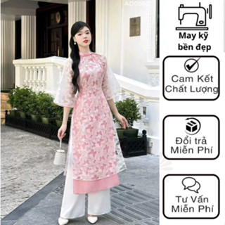  Áo Dài Cách Tân 2 Lớp 4 Tà  Cổ Lệch Cách Điệu Tay Loe Với 2 Tông Màu Hồng Baby Và Đỏ Hàng May Sẵn 