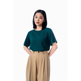 Áo tay ngắn lụa nữ kiểu KHÀN freesize màu xanh lá cao cấp không nhăn phong cách công sở