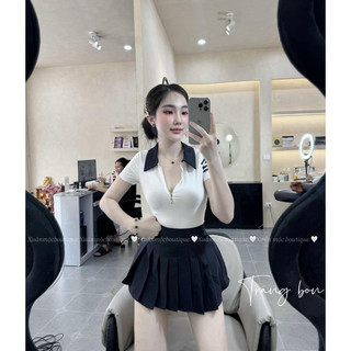 Set áo phông phối cổ chân váy xếp ly trẻ trung