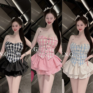 Set áo quây dạ kẻ lưng chun chân váy xoè tầng xinh xỉu