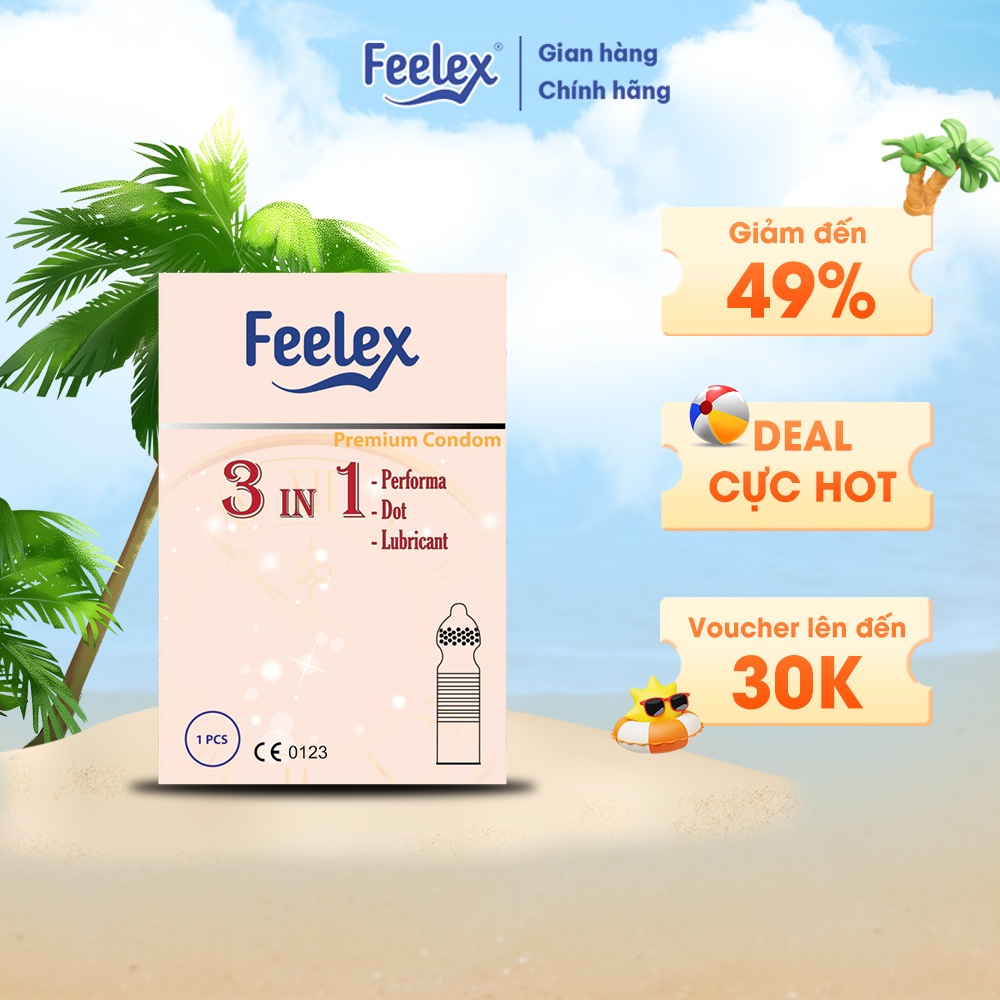 Bao cao su Feelex 3in1 gân gai, nhiều gel bôi trơn, kéo dài thời gian quan hệ - hộp 01bcs