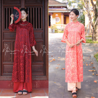 Áo dài dáng suông gấm hoa đào, họa tiết sang trọng, mặc thanh nhã đi chơi, lễ, tết , hàng may sẵn