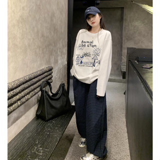 Set Bộ Đồ Nữ Áo Phông Dài Tay Thời Trang Quần Kẻ Caro XANH THAN Form Baggy trẻ trung MENINA