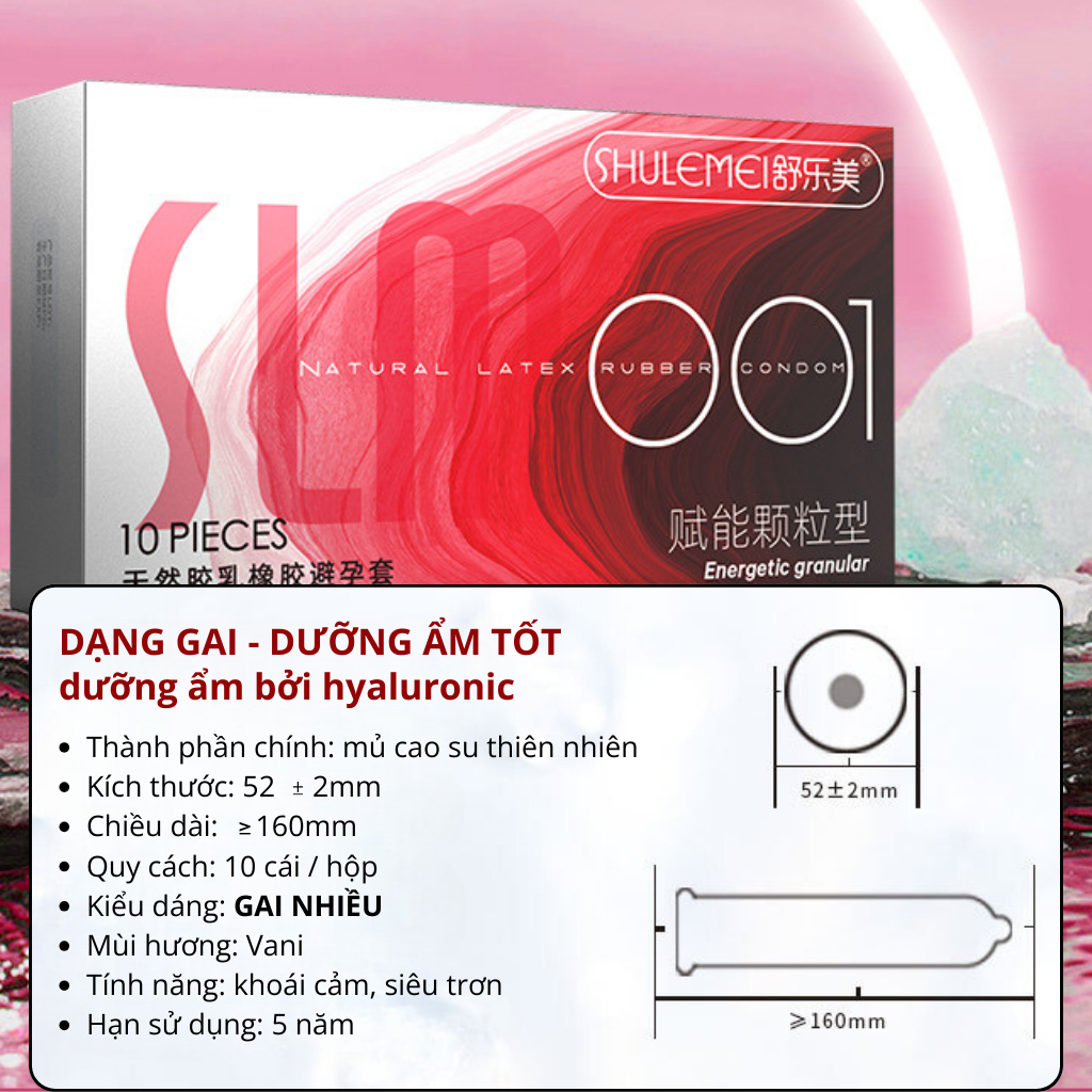 Bao Cao Su Gai Cao Cấp SLM Siêu Mỏng 001mm, Nhiều Gel Bôi Trơn - Hộp 10 BCS