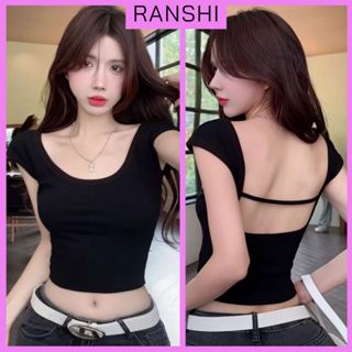 [CÓ SIZE] Áo Croptop Nữ Hở Lưng RANSHI CÓ MÚT NGỰC Dây Ngang Lưng Cổ Vuông Ôm Sát Body Chất Thun Tăm Lạnh - RA238