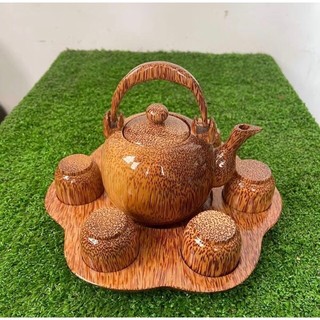 Bộ bình trà quai xách bằng gỗ dừa dĩa hoa mai gồm 1 ấm trà, 1 dĩa , 6 ly, quà tặng lễ tết, trang trí