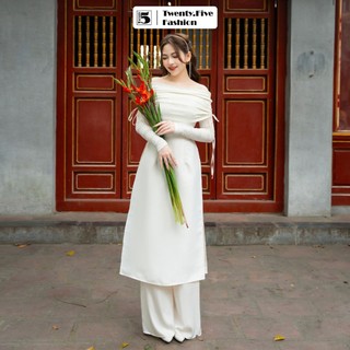 Áo dài nữ Twentyfive dài tay trễ vai phối len ren rút dây kèm quần dài SD188