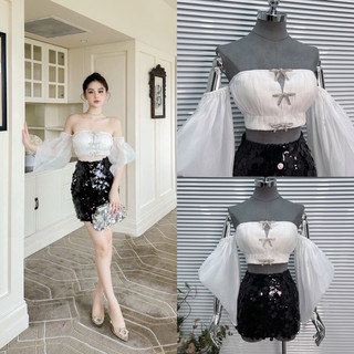 👚set tơ dập trễ vai 3 nơ đá + chân váy kim sa