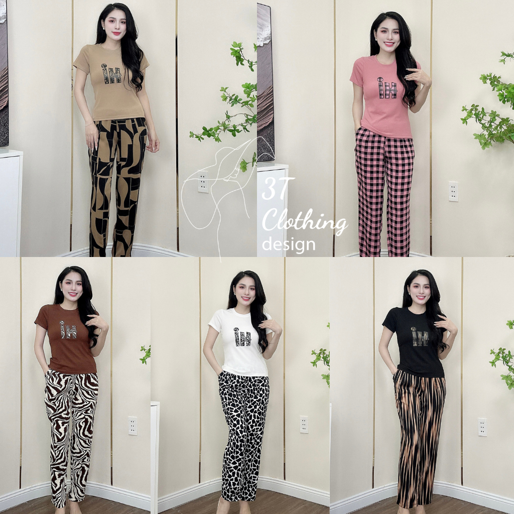  Set đồ bộ nữ thời trang quần dài phối áo thun tăm lạnh hàng cao cấp may kĩ có Bigsize 40kg-80kg mã D129 