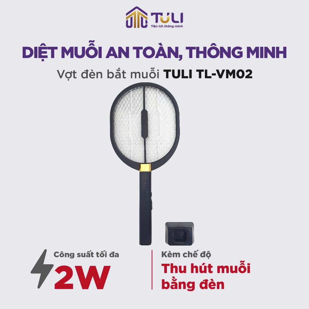 Vợt muỗi điện kiêm đèn bắt đuổi côn trùng TULI VM02, Công Suất 2W, Tích điện, Để bàn, BH 12 Tháng