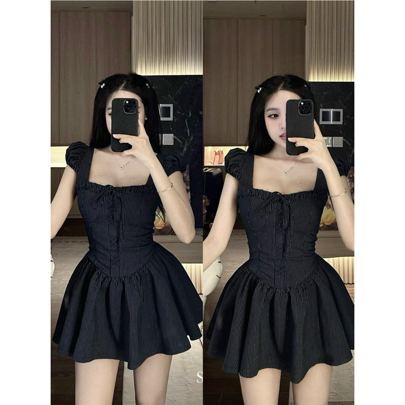 𝐕𝐍𝟎𝟕 ( 𝐁𝐈𝐆𝐒𝐈𝐙𝐄) Đầm tiểu thư cổ tay vuông kẻ sọc phối nơ dễ thương hàn quốc ( 𝐒 => 𝟑𝐗𝐋 - 𝐊𝐄̀𝐌 𝐐𝐔𝐀̂̀𝐍  by CarotShop | BigBuy360 - bigbuy360.vn