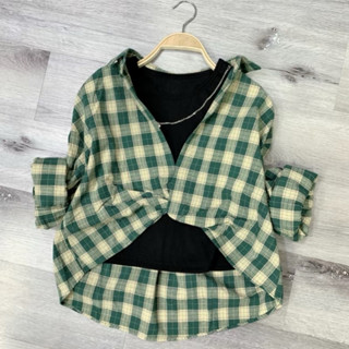 Áo Sơ Mi Nữ Croptop Kẻ Caro Xoắn bụng Xinh Xắn Tay Dài Phong Cách Hàn Quốc