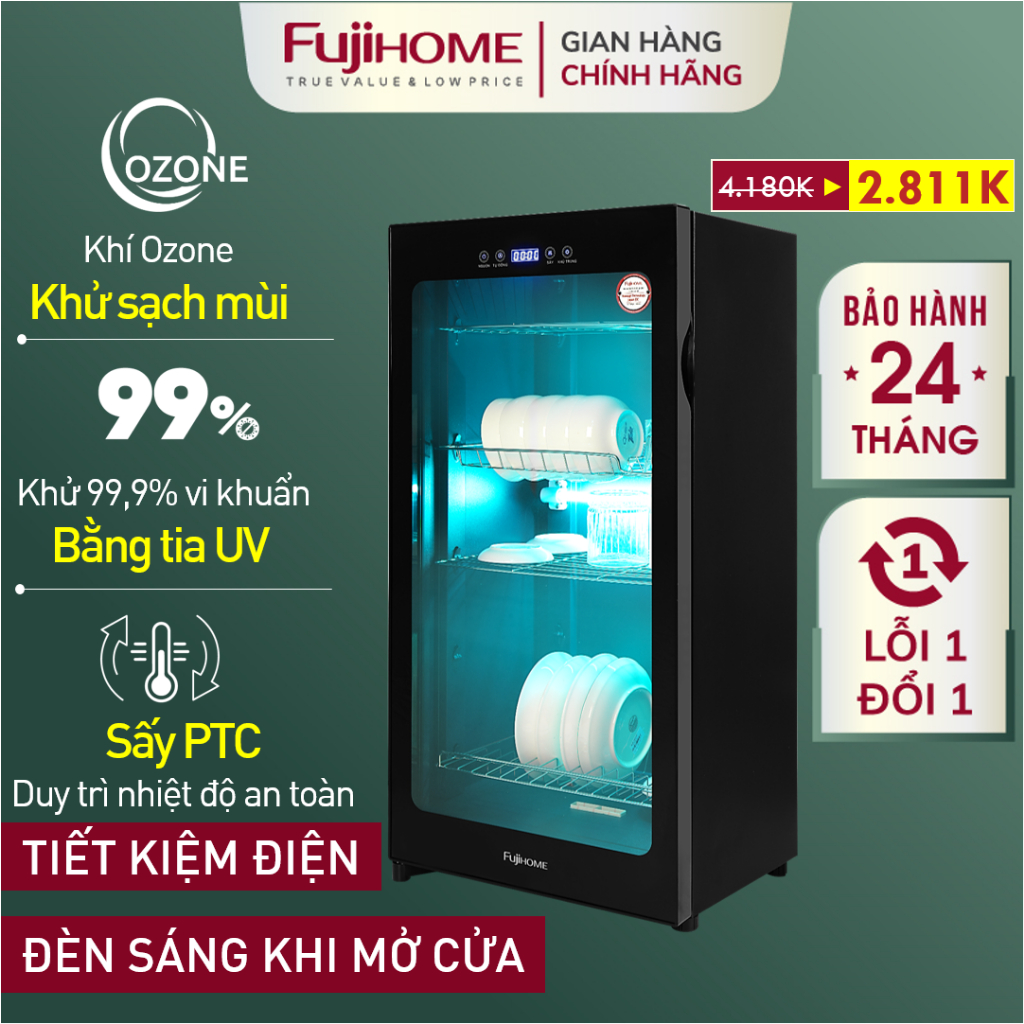 Tủ sấy bát đĩa Ozone-UV FUJIHOME 128 Lít, máy sấy khô diệt khuẩn đa năng dao thớt dụng cụ y tế