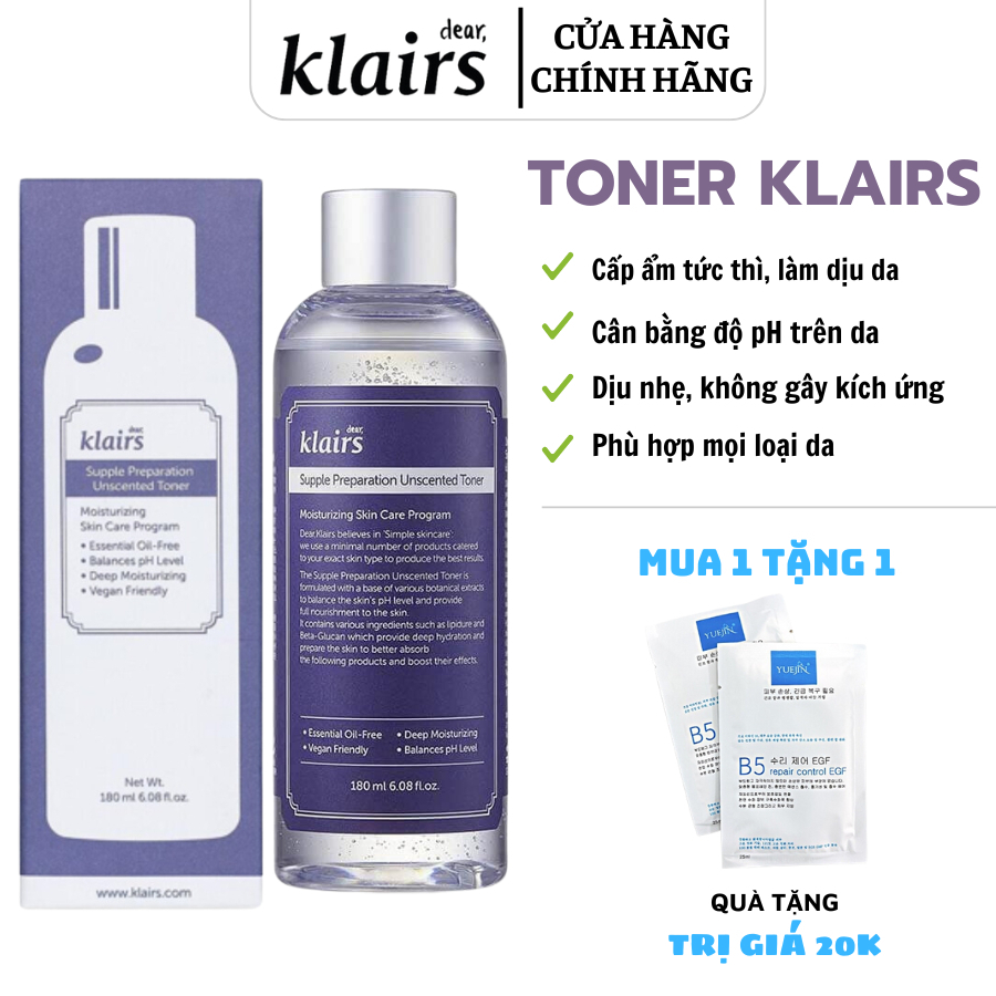 Toner dưỡng ẩm Klairs, nước hoa hồng cân bằng da không mùi, dưỡng ẩm tức thì - 180ML